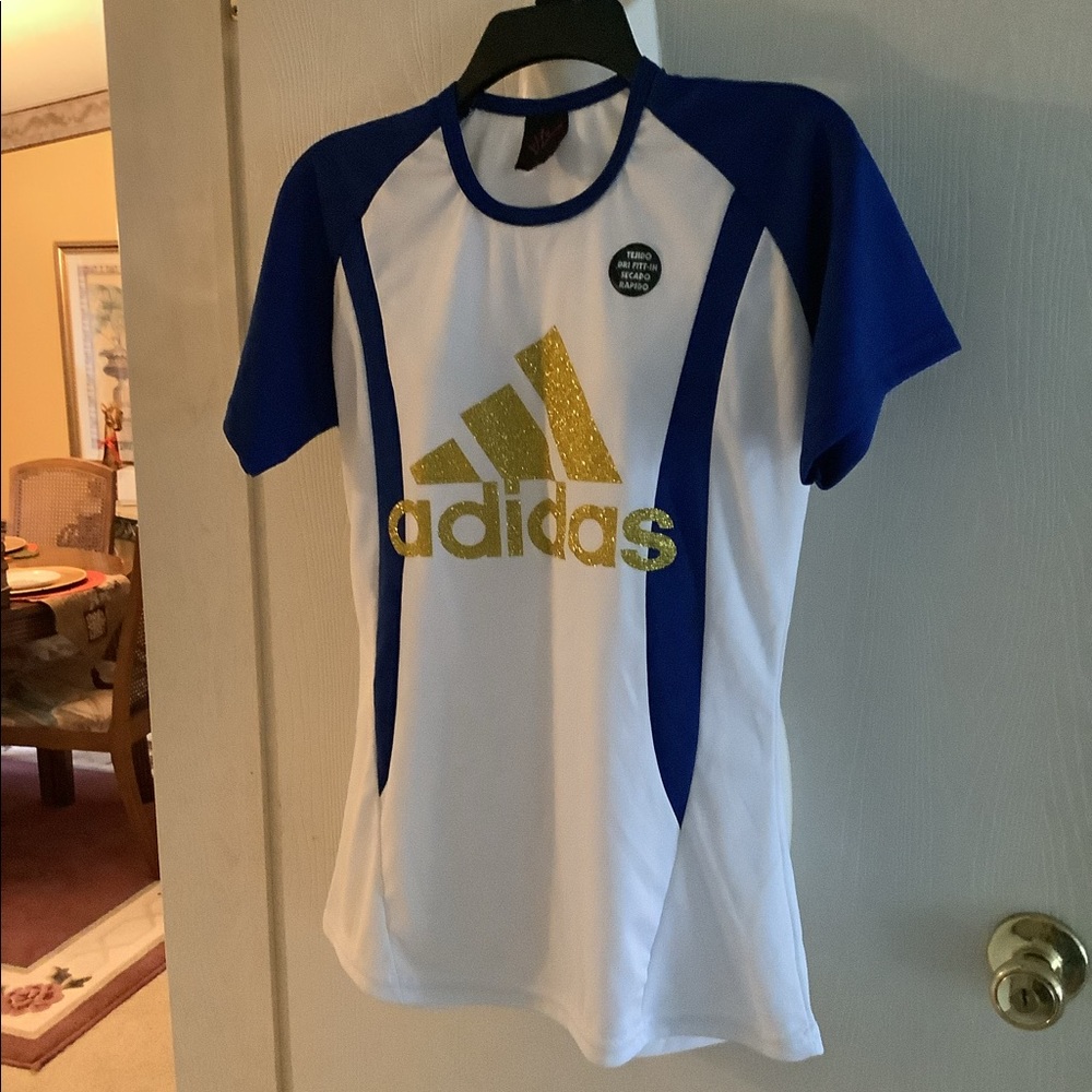 Adidas top stretchy royal blue and white top with gold sparkles . Nice look
